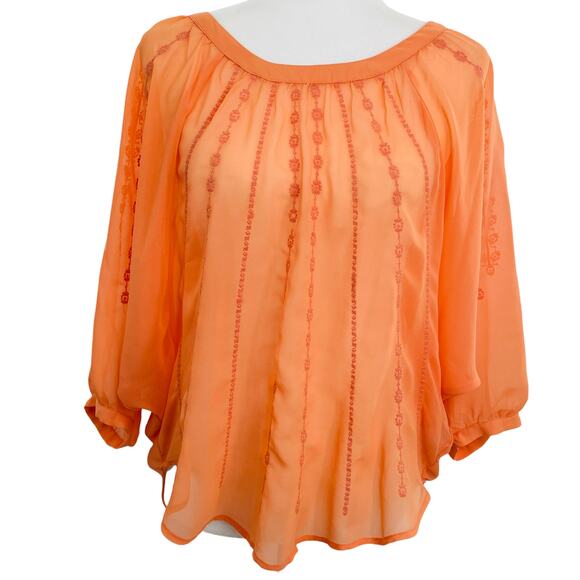LC LAUREN CONRAD Orange Chiffon Embroidered Lightweight Sheer Top Blouse S - Picture 1 of 12